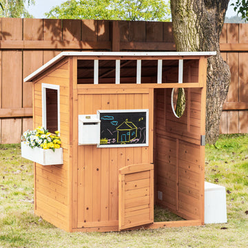 Wooden Outdoor Playhouse for Kids with Working Door, Windows, Mailbox, Bench, Flowers Box and Blackboard, Yellow