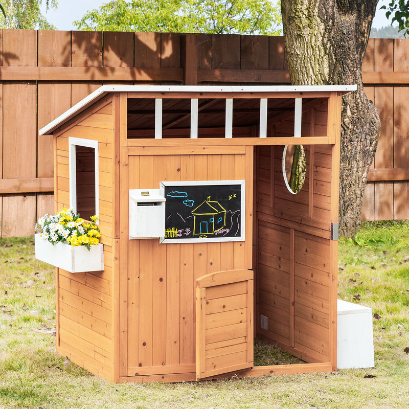 Wooden Outdoor Playhouse for Kids with Working Door, Windows, Mailbox, Bench, Flowers Box and Blackboard, Yellow