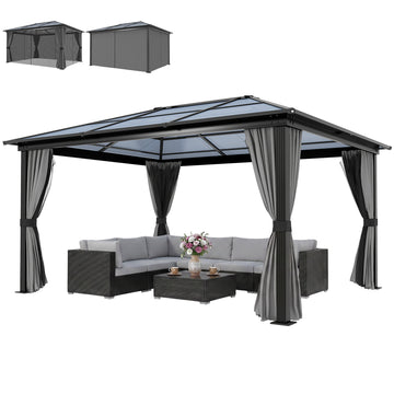 10' x 12' Hardtop Gazebo Canopy with Polycarbonate Roof, Aluminum Frame, Netting, Curtains and Ceiling Hook, Charcoal Grey