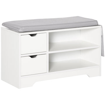 Upholstered Shoe Storage Bench w/ Seat, Entrance Bench w/ Drawer Open Shelves and Pocket for Hallway, White
