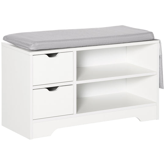 Upholstered Shoe Storage Bench w/ Seat, Entrance Bench w/ Drawer Open Shelves and Pocket for Hallway, White