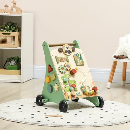Wooden Baby Walker, Push Along Walker Toys with Speed Control, Xylophone, gears and Bead Maze, Green