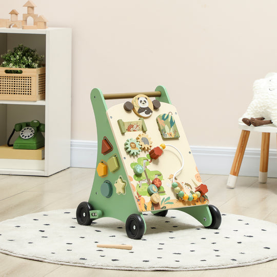 Wooden Baby Walker, Push Along Walker Toys with Speed Control, Xylophone, gears and Bead Maze, Green
