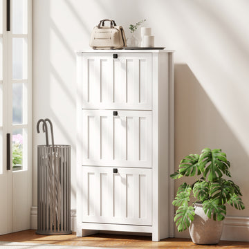 Slim Shoe Cabinet with 3 Flip Drawers, Shoe Storage Cabinet with Adjustable Shelves for Entryway, Holds 12 Pairs, White