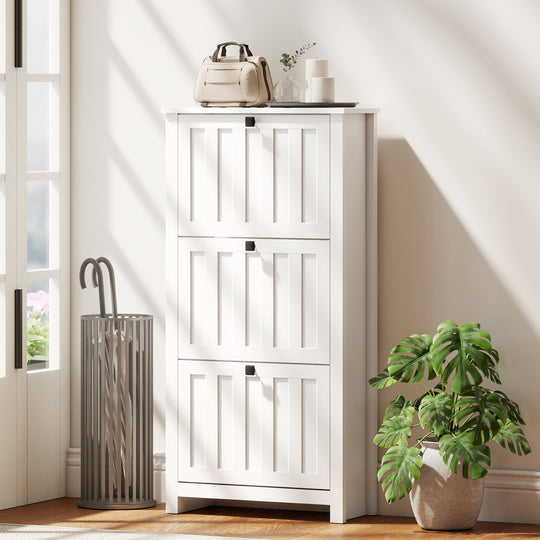 Slim Shoe Cabinet with 3 Flip Drawers, Shoe Storage Cabinet with Adjustable Shelves for Entryway, Holds 12 Pairs, White