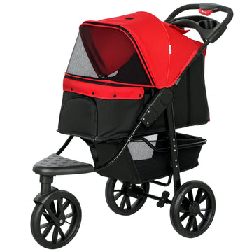 3 Wheel Folding Dog Stroller, Travel Carrier with Adjustable Canopy, Storage Brake, Mesh Window for S&M Dogs, Red