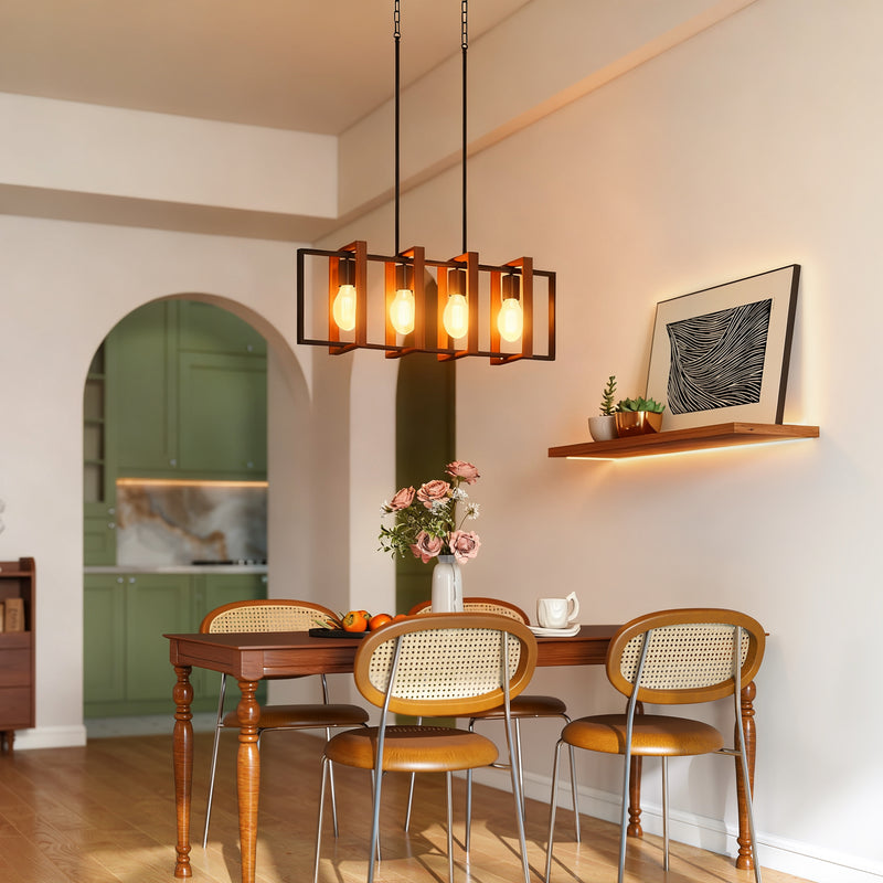 Farmhouse Kitchen Island Lighting, Linear Pendant Light with 4 Rotatable Frames and Adjustable Height, Walnut