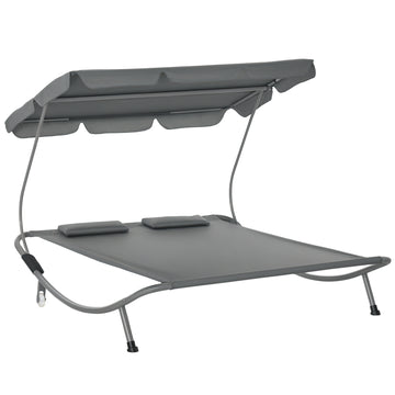 Double Patio Lounger with Adjustable Canopy, Outdoor Daybed Hammock Lounger with Headrest Pillows, Two Moving Wheels for Poolside, Garden, Grey