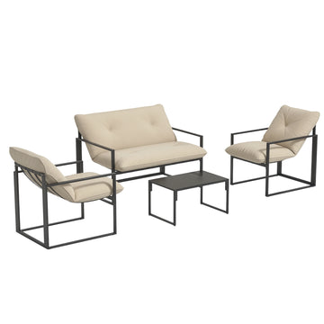 4 Piece Outdoor Furniture Set, Patio Conversation Set with Tempered Glass Table, Loveseat, 2 Chairs and Cushions, Beige