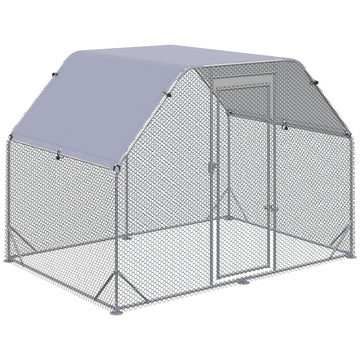 Chicken Run, Galvanized Large Metal Chicken Coop Cage, Walk-in Enclosure Poultry Hen Run House Playpen Rabbit Hutch with Flat Roof, Cover, 9.2' x 6.2' x 6.5', Silver