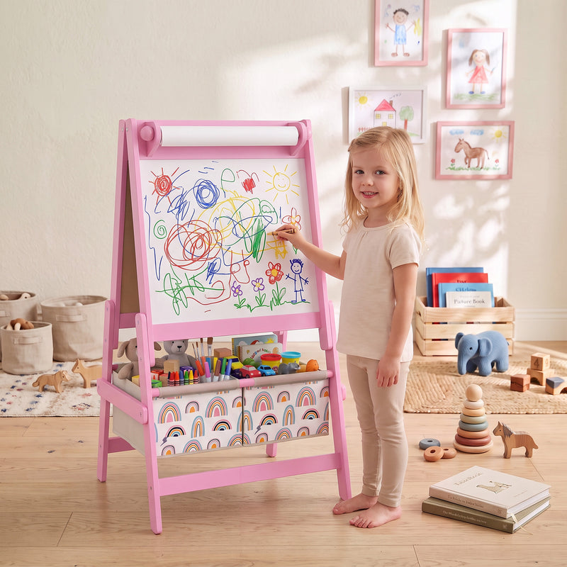 Art Easel for Kids, 3-in-1 Double-Sided Kids Easel with Chalkboard, Whiteboard, Paper Roll, 2 Storage Bins for 3-8, Pink