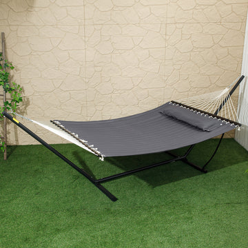 2 Person Hammock Quilted Double Hammock with Stand Pillow Spreader Bars for Outdoor Camping Beach, Dark Grey