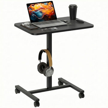 Bureau assis-debout pneumatique réglable en hauteur avec roulettes et crochet pour casque, grain de bois noir