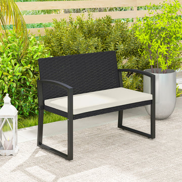 2 Seater Outdoor Bench, Rattan Garden Bench Loveseat with Cushion, Armrests, Steel Frame for Patio, Porch, Beige