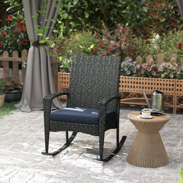 Outdoor Rocking Chair, Patio Wicker Chair Removable Cushion, High Back and Armrests for Porch Balcony, Navy Blue