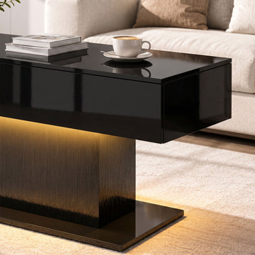 Table basse à DEL avec rangement, table de centre moderne très brillante avec 2 tiroirs et télécommande pour salon, noire