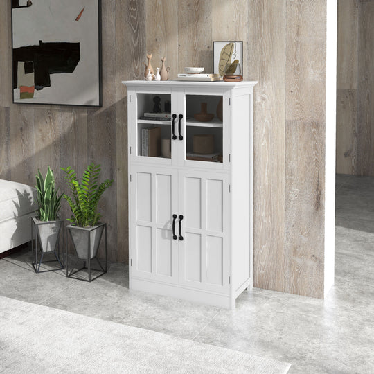 Bahut moderne, commode autoportante avec portes vitrées, 4 niveaux d'étagères et tablettes ajustables