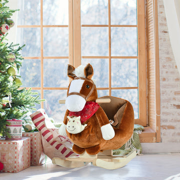 Qaba Baby Rocking Horse, Plush Animal Rocker for Toddlers Aged 18-36 Months, Stuffed Ride Toy with Hand Puppet, Sounds, Seat Belt, Brown