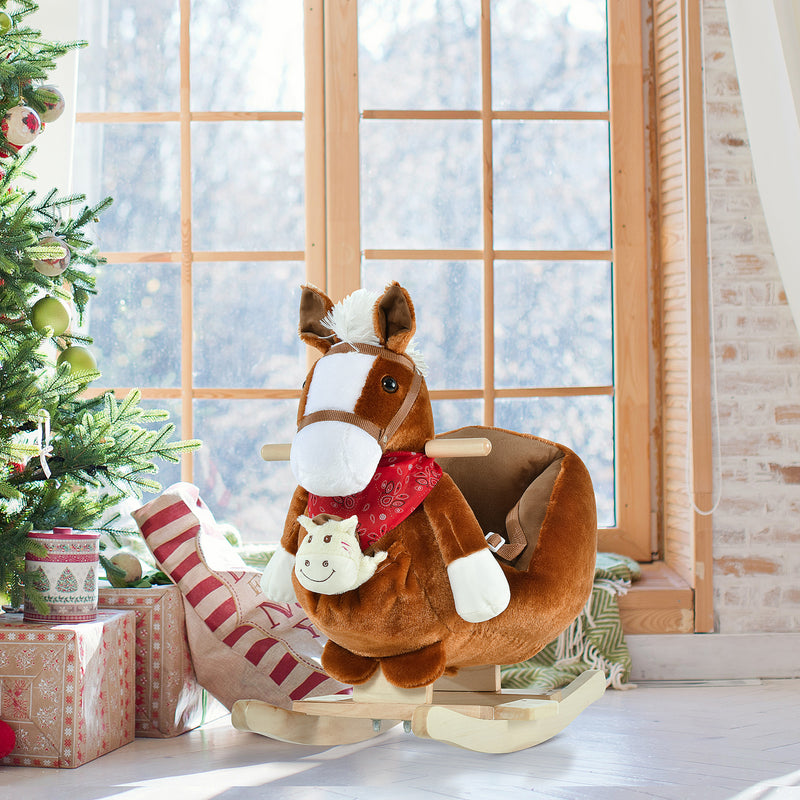 Qaba Baby Rocking Horse, Plush Animal Rocker for Toddlers Aged 18-36 Months, Stuffed Ride Toy with Hand Puppet, Sounds, Seat Belt, Brown