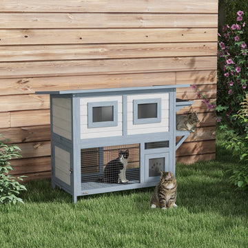 2 Tier Outdoor Cat House with Escape Door, Jump platform, for 1-2 Cats, Light Grey
