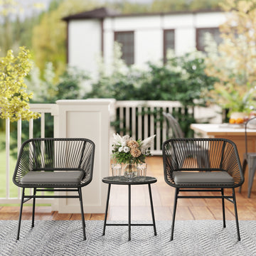 3 Piece Bistro Set, Wicker Outdoor Patio Furniture Set with Glass Top Table, Cushions for Balcony, Porch, Black