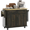 Rolling Kitchen Island with Rubber Wood Top and Storage, Spice Rack, Towel Rack, Brown Oak
