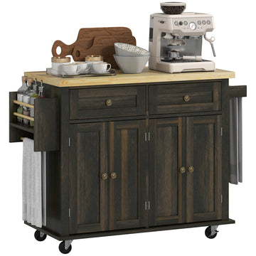 Rolling Kitchen Island with Rubber Wood Top and Storage, Spice Rack, Towel Rack, Brown Oak