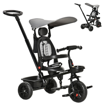 Qaba Tricycle for Toddler 4 in 1 Kids Trike with Reversible Adjustable Seat, Baby Push Bike with Removable Handle, Flat Canopy, Belt Storage Brake Clutch for 1-5 Years, Grey