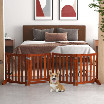 Foldable Dog Gate with Door, 4 Panels Fressstanding Pet Gate, Brown