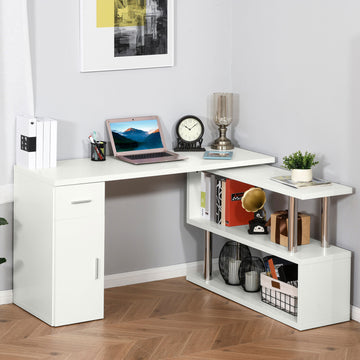 L-Shaped Rotating Computer Desk Home Office Study Workstation with Storage Shelves, Cabinet and Drawer for Home & Office, White