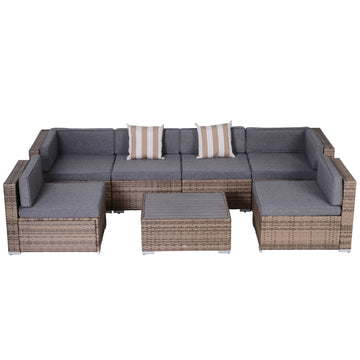 7-Piece Outdoor Patio Furniture Set – PE Rattan Sectional Sofa with Washable Cushions & Tempered Glass Coffee Table, Grey