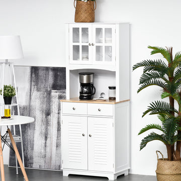Coastal Style Kitchen Buffet and Hutch Wooden Storage Cupboard with Framed Glass Door LouveredCabinet Drawers Microwave Space for Dining Room Living Room White