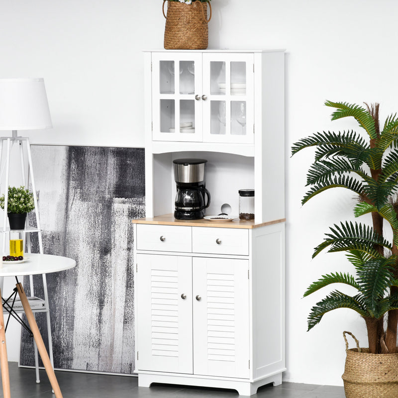 Coastal Style Kitchen Buffet and Hutch Wooden Storage Cupboard with Framed Glass Door LouveredCabinet Drawers Microwave Space for Dining Room Living Room White