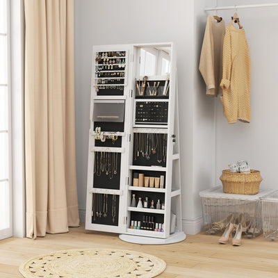 Jewelry Cabinet with Full Length Lockable Mirror, Standing Jewelry Armoire Organizer with LEDs, White