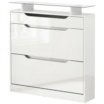 High Gloss Shoe Cabinet with 2 Flip Drawers and Adjustable Shelves, Narrow Shoe Storage Cabinet with Glass Top, White