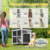 Wooden Dog House, Raised Pet Kennel with Removable Bottom, Openable Asphalt Roof, Door Curtain, Side Windows, Dark Grey