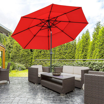 9FT 3 Tiers Patio Umbrella Outdoor Market Umbrella with Crank, Push Button Tilt for Deck, Backyard and Lawn, Red