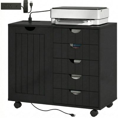Mobile Lateral Filing Cabinet with 5 Drawers, Printer Stand with Power Outlets and USB Ports for Home Office, Black