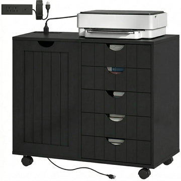 Mobile Lateral Filing Cabinet with 5 Drawers, Printer Stand with Power Outlets and USB Ports for Home Office, Black