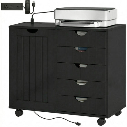 Mobile Lateral Filing Cabinet with 5 Drawers, Printer Stand with Power Outlets and USB Ports for Home Office, Black