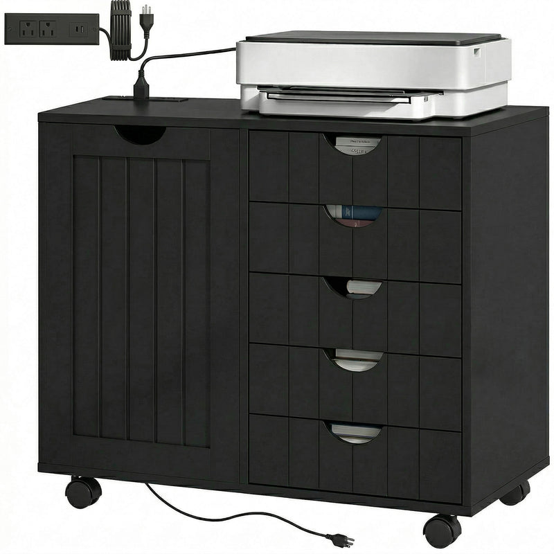Mobile Lateral Filing Cabinet with 5 Drawers, Printer Stand with Power Outlets and USB Ports for Home Office, Black