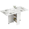 Extendable Dining Table, Collapsible Folding Table with 2-tier Shelves and Rolling Casters, Marble White