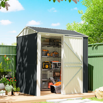 7' x 6' Tall Outdoor Storage Shed, Waterproof Metal Garden Shed with Gloves, Lockable Door, Silver, Dark Grey