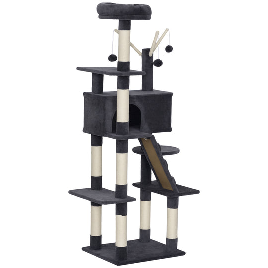 59 Inch Large Cat Tree with Sisal Scratching Posts, Cozy Condo, Top Perch, Ladder and Interactive Balls, Dark Grey