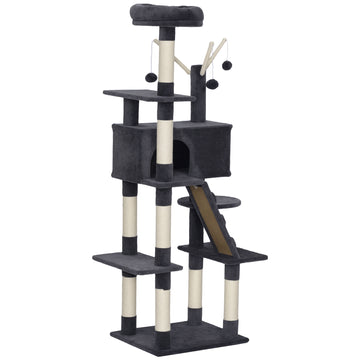 59 Inch Large Cat Tree with Sisal Scratching Posts, Cozy Condo, Top Perch, Ladder and Interactive Balls, Dark Grey