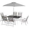 8 Piece Patio Set with Umbrella, 6 Folding Chairs, Rectangle Table, Outdoor Dining Set for 6 with Mesh Seat, Grey