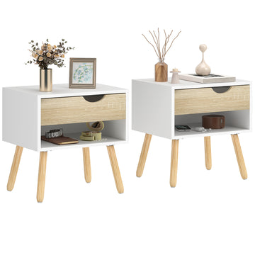 Set of 2 Bedside Table with Drawer and Shelf, Modern Nightstand with Wooden Legs, End Table for Bedroom, White