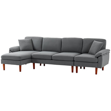 L-Shape Sofa, Modern Sectional Couch with Changeable Chaise Lounge, Pillows and Wooden Legs for Living Room