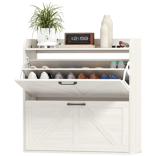 Narrow Shoe Storage Cabinet, Farmhouse Slim Shoe Cabinet with 2 Flip Drawers, Adjustable Shelves, White Oak