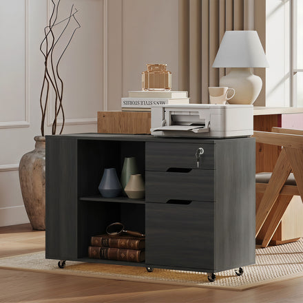 Filing Cabinet with Power Outlets File Cabinet Lockable Casters File Drawer Side Cubbies Black Wood Grain